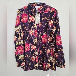 DG2 By Diane Gilman Ladies Printed Silk Button-Up Blouse
